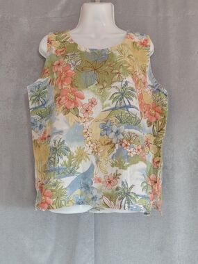 LVintage Hot Cotton By Marc Ware 100%linen Tropical Floral Tank Too SZ L  USA